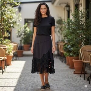 Leeloo‎ Paris Black Midi Skirt Made in France Distressed Mesh Hem Beaded Accents